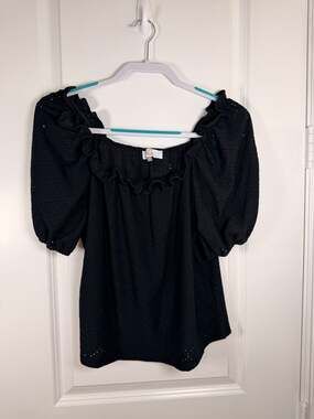 Melograno Rico Black Eyelet Off-The-Shoulder Ruffle Puff Sleeve Blouse